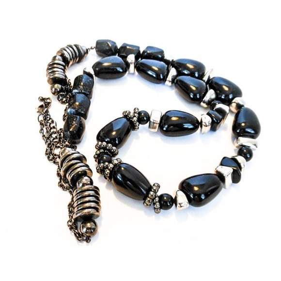 Vintage Black Nugget Necklace Lucite Beads 32-38 Inch Victorian Style - Picture 5 of 6